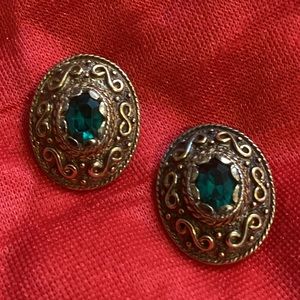 Vintage Castlecliff Gold Emerald Green Rhinestone Earrings
